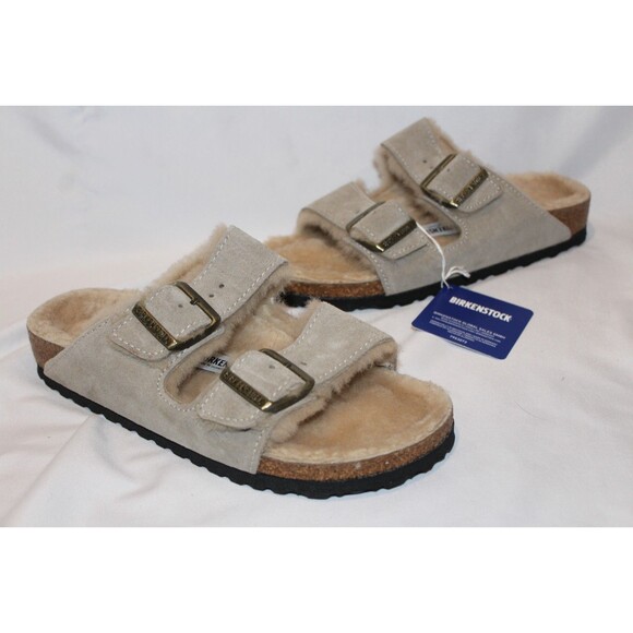 Birkenstock Women's EU 37 NARROW Arizona Shearling Lined Sandals Taupe NIB - Picture 3 of 7